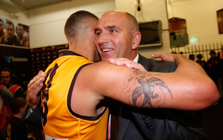 AFL 2016 Rd 05 - Hawthorn v Adelaide MELBOURNE, AUSTRALIA - APRIL 22: Shaun Burgoyne of the Hawks is hugged by CEO Stuart Fox after his 300th match during the 2016 AFL Round 05 match between the Hawthorn Hawks and the Adelaide Crows at the Melbourne Cricket Ground, Melbourne on April 22, 2016. (Photo by Michael Willson/AFL Media)